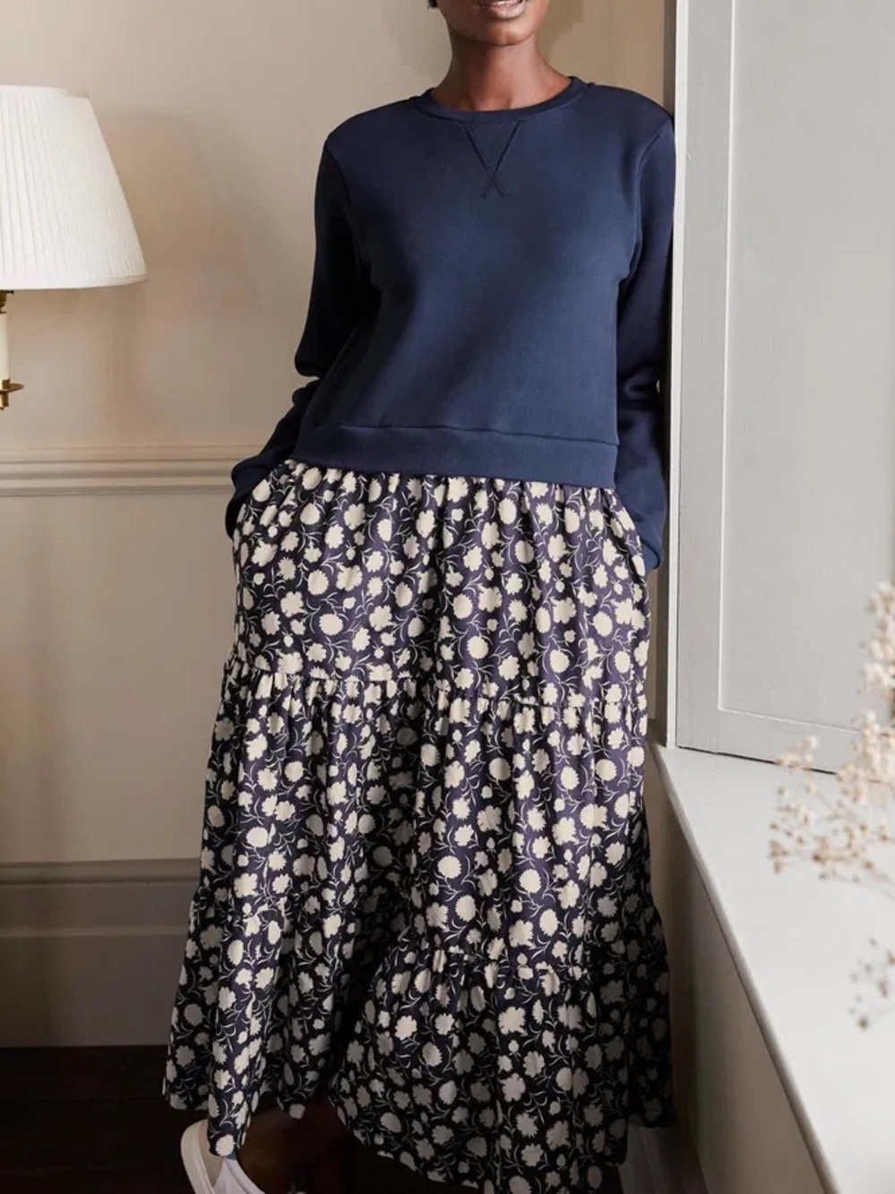 Boden Midi Dress Mix Tiered Skirt Sweatshirt, Size‎ 6
